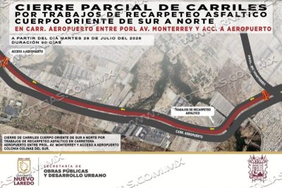 CIERRE PARCIAL DE CARRILES EN CARRETERA AEROPUERTO POR RECARPETEO ASFÁLTICO; OBRAS DURARÁN 90 DÍAS