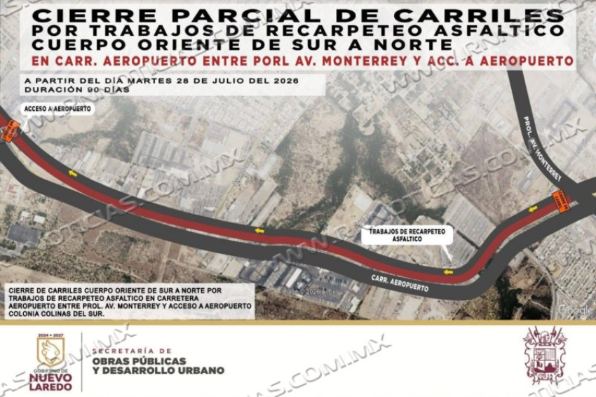 CIERRE PARCIAL DE CARRILES EN CARRETERA AEROPUERTO POR RECARPETEO ASFÁLTICO; OBRAS DURARÁN 90 DÍAS